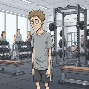 ジムで痩せ細った男性のイラスト。食事制限とランニング中心の減量で筋肉が落ち、見た目が悪化する様子を表す図