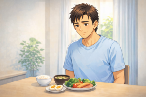 髪を守るためにタンパク質と栄養バランスを意識した食事を取る40代男性のイラスト 