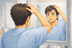 −50kgのダイエット中に鏡越しで髪のボリューム低下に気づいた40代男性のイラスト 