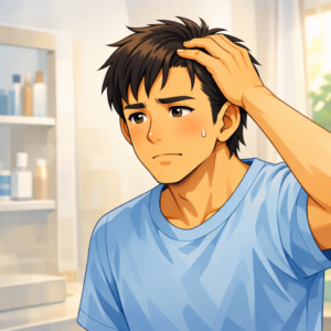 ダイエット中に髪が細くなったことに気づき不安を感じている40代男性のイラスト 