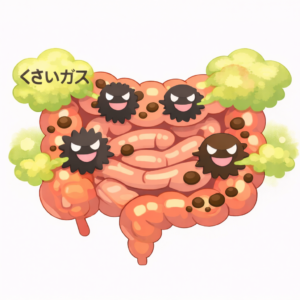 ダイエットによる食事制限で腸内環境が乱れ悪玉菌が増殖し臭いガスが発生している状態のイラスト
