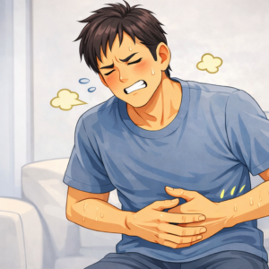 ダイエット中に便秘と臭いガスが続き腹部の不快感で苦しむ男性のイラスト