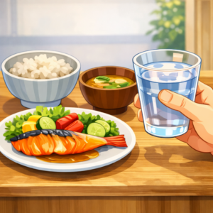 腸の働きを整えるためにバランスの良い食事と水分を一緒に摂取している様子のイラスト