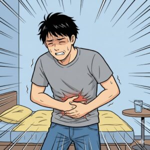 急激なダイエットで腸の動きが弱り腹痛を感じている男性のイラスト