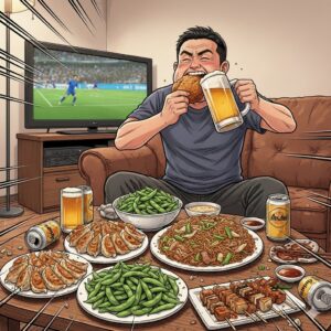 酒を飲みながら大量のつまみを食べている男性のイメージ。脳が空腹だと勘違いして食欲が暴走する状態