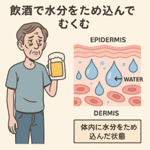 飲酒による脱水と水分保持の仕組みを示す図解｜アルコール後にむくみで体重が増える医学的メカニズムを解説する画像