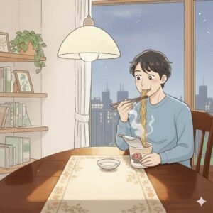 晩酌後にカップ麺を食べてしまう男性の様子。酒を飲むと判断力が鈍り食べ過ぎてしまうイメージ