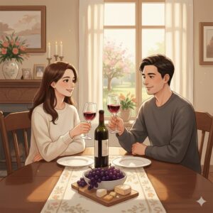 家で夫婦がワインを飲みながら夕食を楽しんでいる様子|アラフォーの家飲み習慣と体重増加の関係