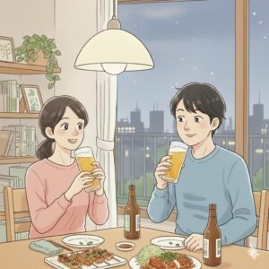 家で晩酌をする前に食べる物を決めている夫婦の様子。酒による食欲の暴走を防ぐ工夫のイメージ