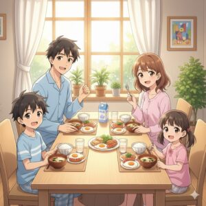 飲み過ぎた翌日こそ普段通りの食事が重要であることを示す家族の食卓イラスト｜極端な食事制限は逆効果になる理由を説明する場面