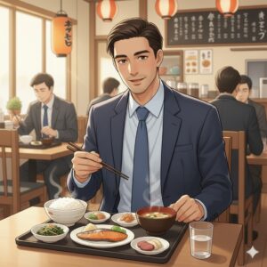 飲み過ぎた翌日に外食で普通に昼食をとる男性|昼のドカ食いを防いで体重を戻す行動イメージ