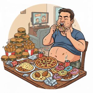 40代男性が食欲の乱れから暴飲暴食に陥っている様子｜食事リズムの崩れが太る原因になることを示すイラスト