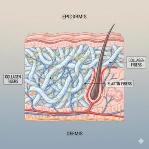皮膚の断面図。表皮・真皮・皮下組織と、真皮層にあるコラーゲン繊維とエラスチン繊維を示した医学的イラスト