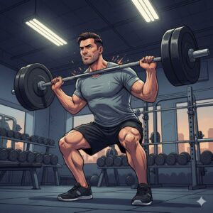 男性がバーベルスクワットをしているイラスト|週2〜3回の筋トレで体型が締まる最低ラインを解説する場面