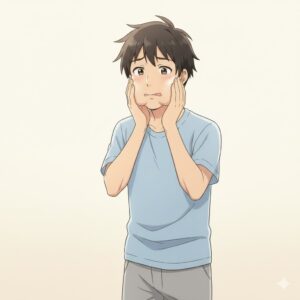 外食の翌日に顔のむくみを気にするアラフォー男性｜塩分過多が翌日の体重戻りを悪くすることを示す説明画像