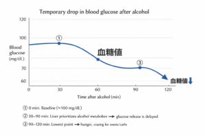 アルコール摂取後に血糖値が一時的に低下し、空腹感や炭水化物欲が強まりやすくなる流れを示した図解
