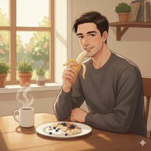 飲み過ぎた翌日の朝に軽めの朝食をとる男性|二日酔いでも無理せず体重を戻すための朝の過ごし方