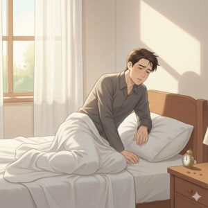 飲酒翌日の朝に体が重くだるそうに起き上がる男性|アルコールによる回復力低下を示すイメージ