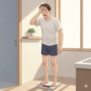 飲んだ翌朝に体重計に乗り増加に驚く男性|むくみと体重増加の違いが分からない状態