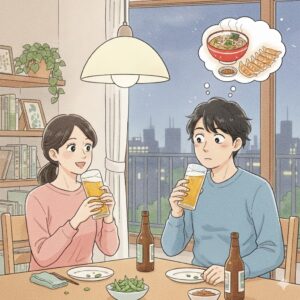 家で夫婦が晩酌をしながら食事をしている様子。酒を飲むと食欲が増えやすい状況を表したイメージ