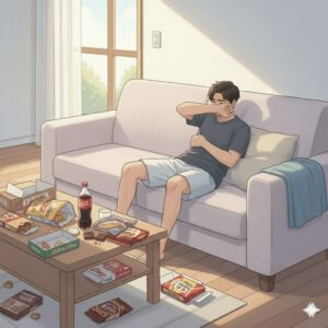 飲み過ぎた翌日、体重が戻らずモチベーションが下がり間食やだらけた行動に流れそうになる40代男性の様子