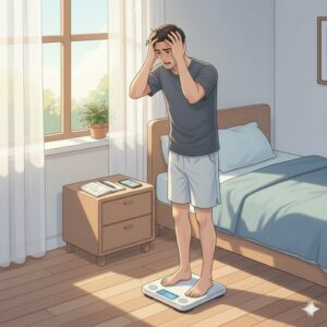 飲み過ぎた翌日、体重が戻らず400g前後が減らないことに不安を感じて体重計に乗る40代男性の様子|水分と回復の遅れを象徴
