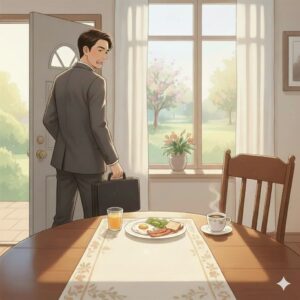 飲み過ぎた翌日の朝、食欲がなく朝食を抜こうとしている40代男性の様子|回復を優先すべき朝の判断を表す