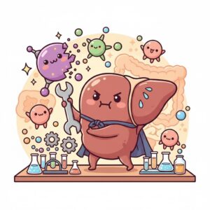 アルコールを分解するため回復や水分調整が後回しになる体の仕組みを表した肝臓のイラスト|飲酒後に体重が戻らない原因の説明用