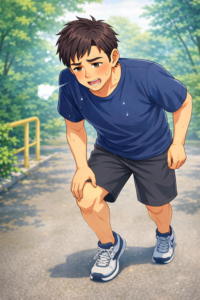 40代男性が飲み過ぎ翌日に無理に運動しようとしている様子｜回復途中に過度な運動をすると体重が戻りにくい理由を解説する記事イメージ 