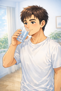 40代男性が飲み過ぎ翌日に水を飲んで体内の水分バランスを整えている様子｜むくみリセットの基本行動