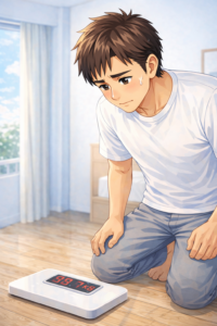 40代男性が飲み過ぎ翌日に床の体重計の数字を不安そうに見つめている様子｜アルコール後に体重が戻らない原因を解説する導入イメージ