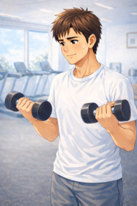 40代男性が飲み過ぎ翌日にジムでダンベルを持ち体を動かしている様子｜体重が戻らないときの行動の違いを示すイメージ