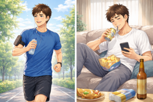 40代男性が飲み過ぎ翌日にジムでダンベルを持ち体を動かしている様子｜体重が戻らないときの行動の違いを示すイメージ