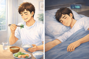 40代男性が翌日に食事リズムを整え休息をとっている様子｜飲み過ぎ翌日の回復行動を示すイメージ