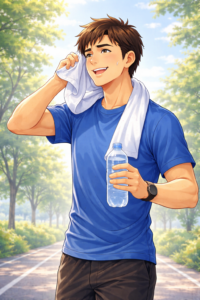 40代男性が屋外で運動後に水分補給し前向きな表情をしている様子｜飲み過ぎ翌日の行動で体重は戻せることを示すイメージ