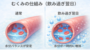 40代男性の飲み過ぎ翌日に起こるむくみの仕組み｜血管内外の水分増加を比較した図解 