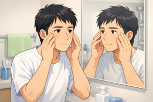 酒の翌日に顔のむくみに気づき鏡を見ている40代男性のイラスト|飲酒後に顔が腫れぼったくなる状態を説明する健康ブログ用挿絵