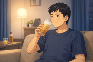 酒を飲んでいる40代男性のイラスト|飲酒後に顔がむくむ原因を説明する健康ブログ用挿絵