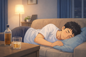 飲酒後にソファで横になって寝ている40代男性のイラスト|顔に水分が集まりむくみが出やすい状態を説明する健康ブログ用挿絵