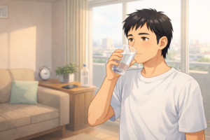 朝に水を飲んでいる40代男性のイラスト|飲酒翌日のむくみ回復と水分補給を説明する健康ブログ用挿絵