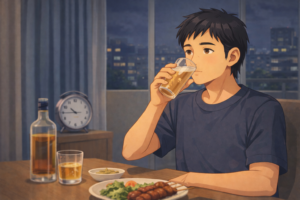 夜遅く食事をしながら酒を飲んでいる40代男性のイラスト|飲酒後の生活習慣でむくみが長引く状態を説明する健康ブログ用挿絵