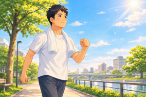 朝にウォーキングをしている40代男性のイラスト|飲酒翌日のむくみを早く戻すための運動習慣を説明する健康ブログ用挿絵