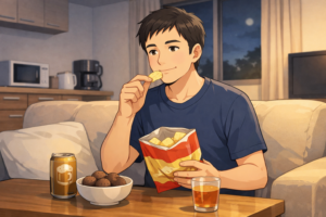 夜にお菓子や酒を食べてしまう40代男性のイラスト|夕食後に食欲が止まらなくなるイメージ