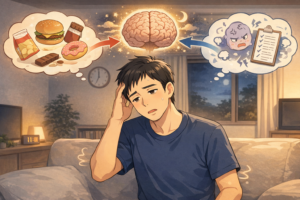 睡眠不足やストレスで食欲が強くなる40代男性のイラスト|脳と食欲ホルモンの関係を表したイメージ