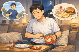 夜にお菓子やジャンクフードを食べてしまう40代男性のイラスト|夕食後に食欲が止まらない体験イメージ