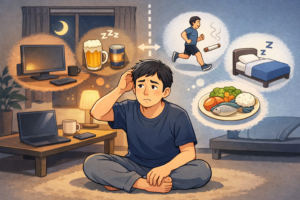 生活習慣の違いで食欲が変わる40代男性のイラスト|仕事・睡眠・食事の影響を表したイメージ