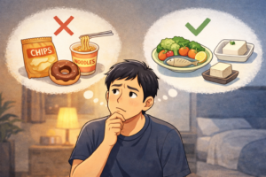 食べ過ぎを防ぐために食事を選ぶ40代男性のイラスト|夜の食欲対策を考えているイメージ