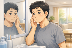 40代男性が朝に鏡を見て顔のむくみに気づく様子｜飲酒翌日の体の変化を表したイラスト