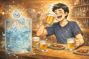 40代男性が酒を飲んでいる様子と体内の水分が減っているイメージ｜アルコールの利尿作用で軽い脱水状態になる流れを示したイラスト