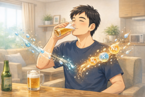 酒の利尿作用によって水分とナトリウム・カリウム・マグネシウムなどの電解質が体外に排出される様子を示したイラスト